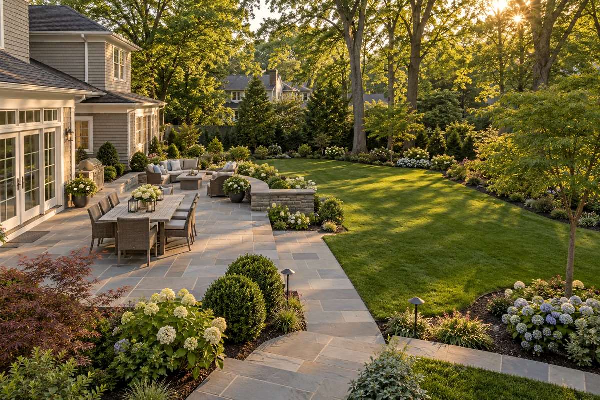 Elevated view of a backyard with a bluestone patio, dining and lounge areas, a walkway, and planting beds