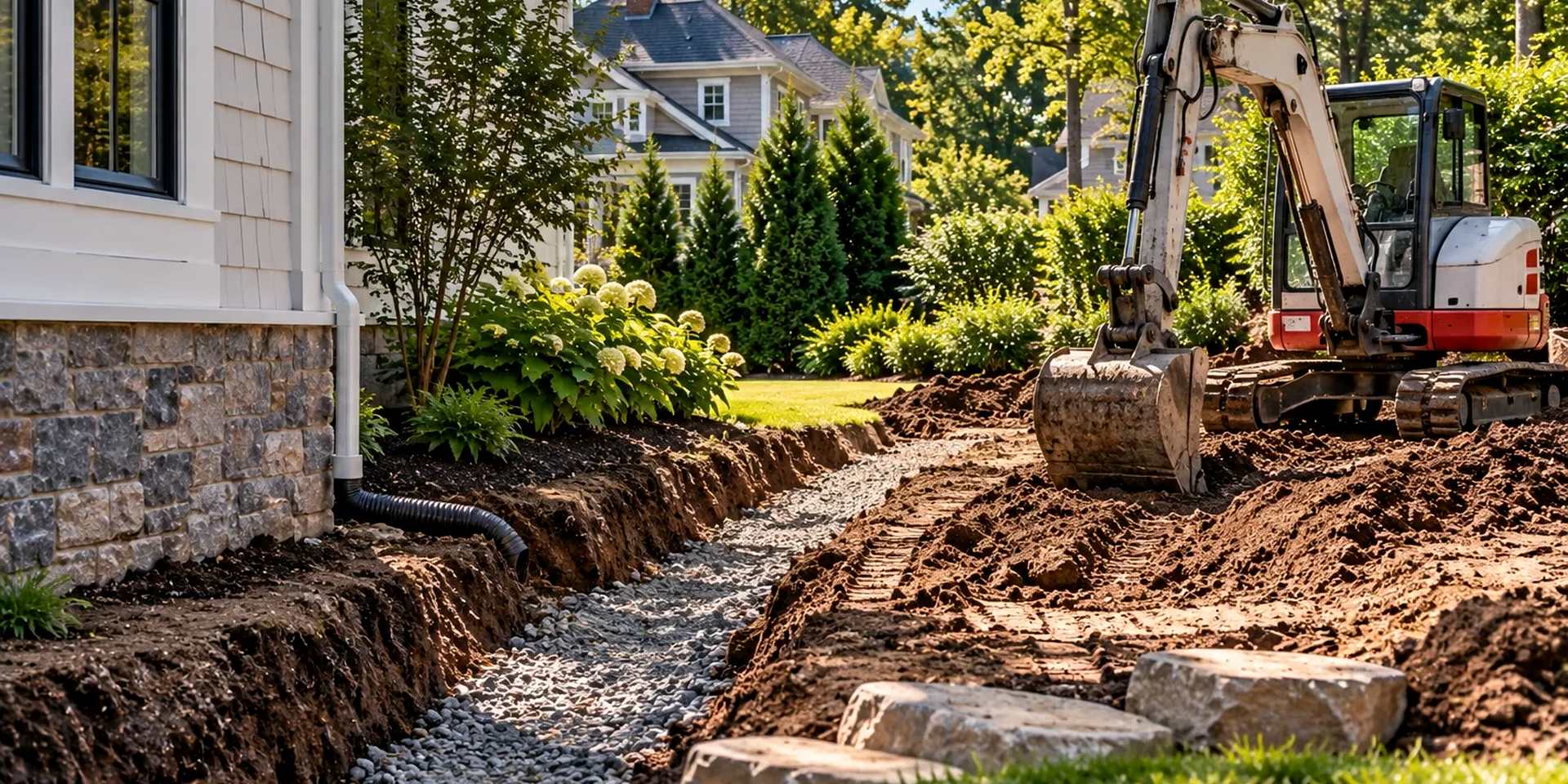 Compact excavator beside a gravel-filled drainage trench along the side of a home