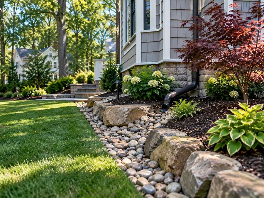 River rock drainage channel winding through plantings and lawn in a landscaped yard