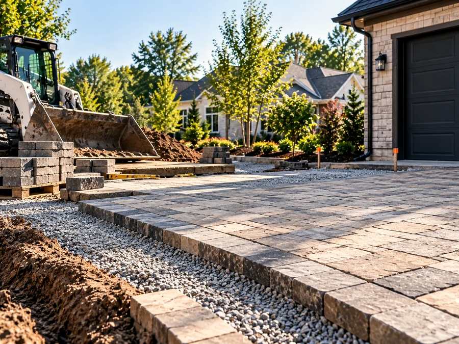 Pavers being laid over a compacted gravel base, with a track loader and pallets of pavers nearby