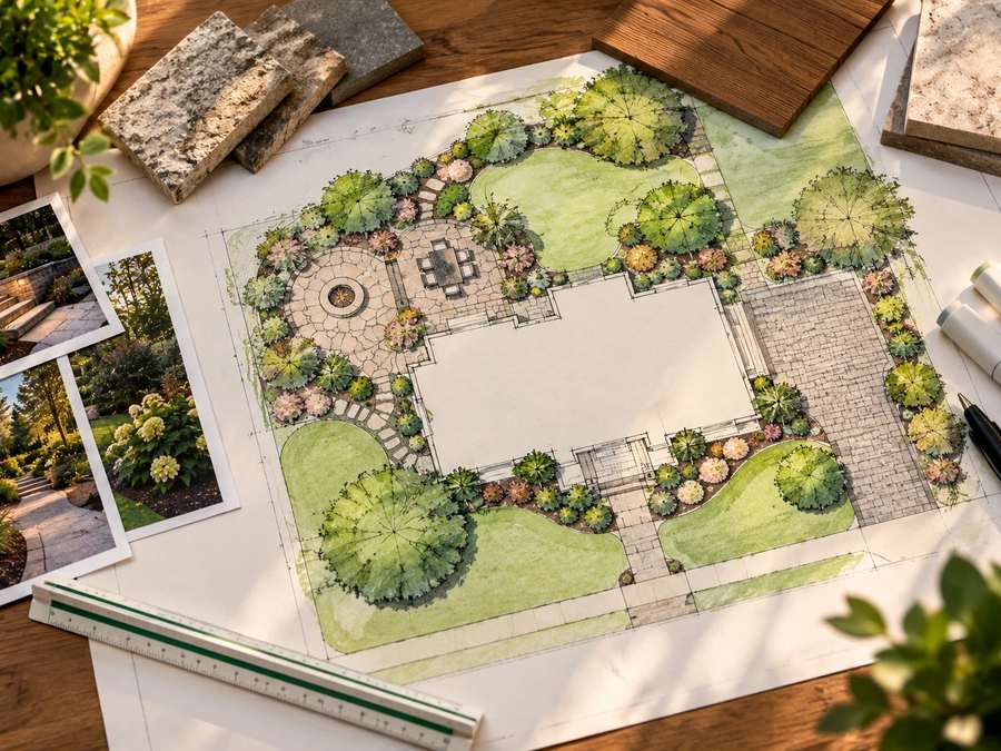 Hand-drawn landscape plan showing a patio, planting beds, and pathways