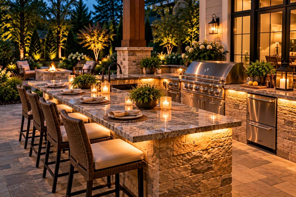 Outdoor kitchen island set with place settings and candles for an evening gathering