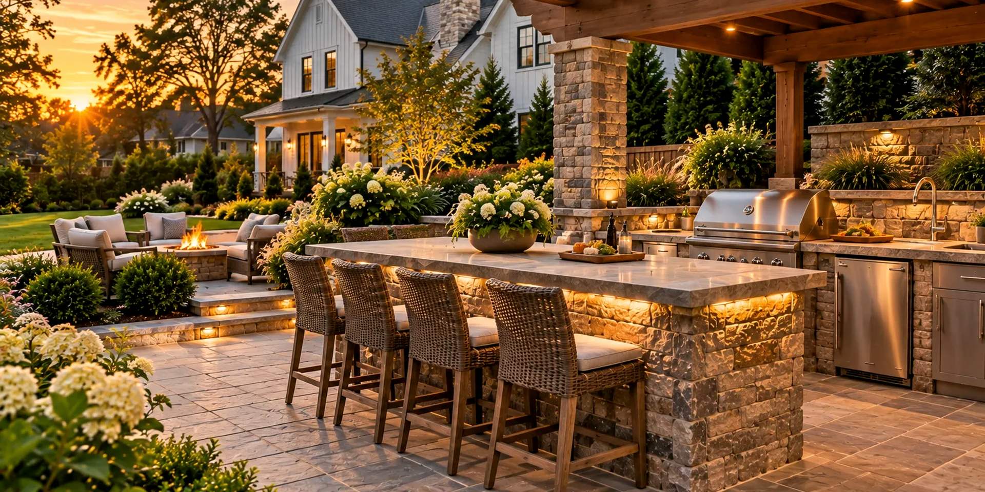 L-shaped outdoor kitchen with a stone-clad island, built-in grill, and bar stools on a patio
