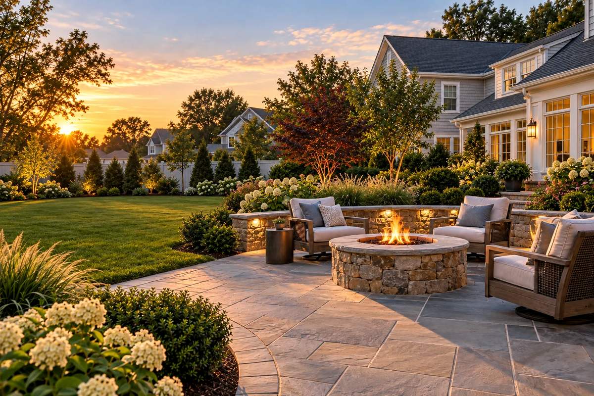 Stone patio with lounge seating and a fire pit in a landscaped backyard at sunset