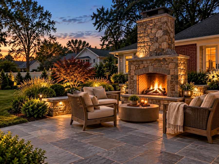 Stone outdoor fireplace with lounge seating on a patio at dusk