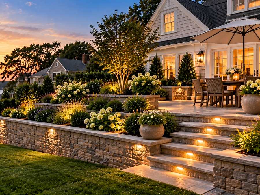 Block retaining walls with lit stone steps leading up to a raised patio and planted terraces at dusk