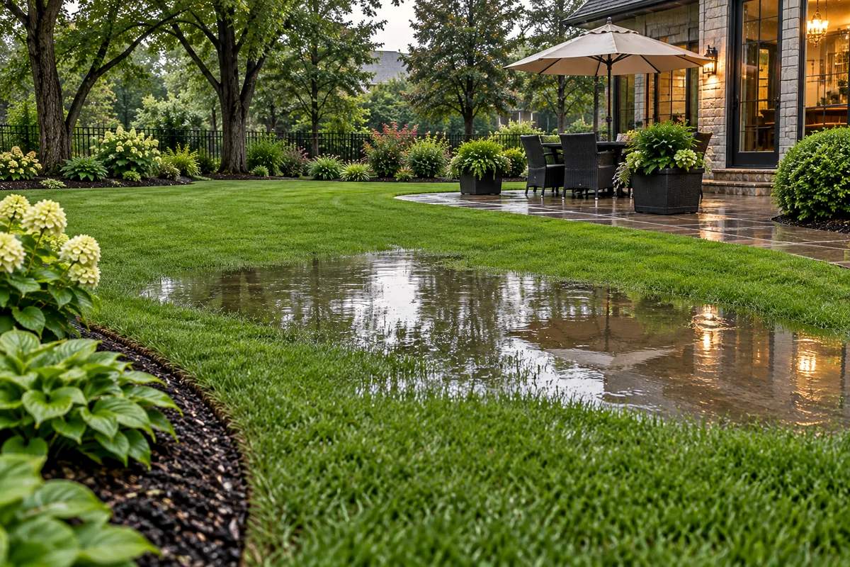 Standing water pooled on a backyard lawn after rain