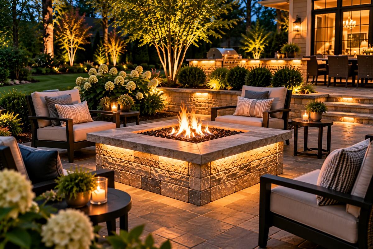 Square stone fire pit surrounded by cushioned lounge chairs on a patio in the evening